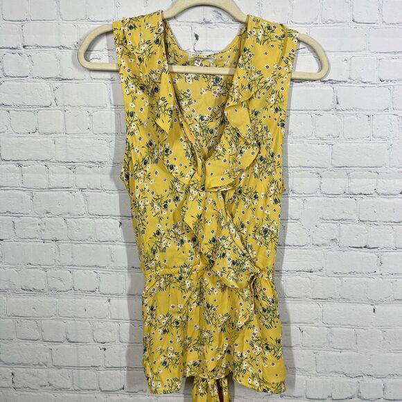 Max Studio Blouse Womens XL Yellow Floral Daisy Waist Belted Prairy Bohemian Top - Picture 1 of 12